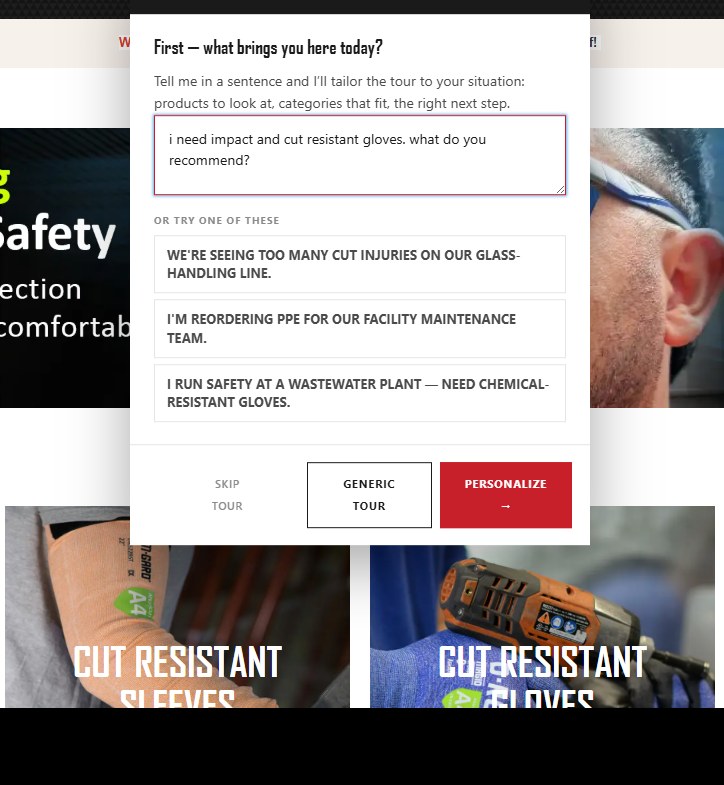 AI Site Tour intake dialog with free-text and pre-built scenarios